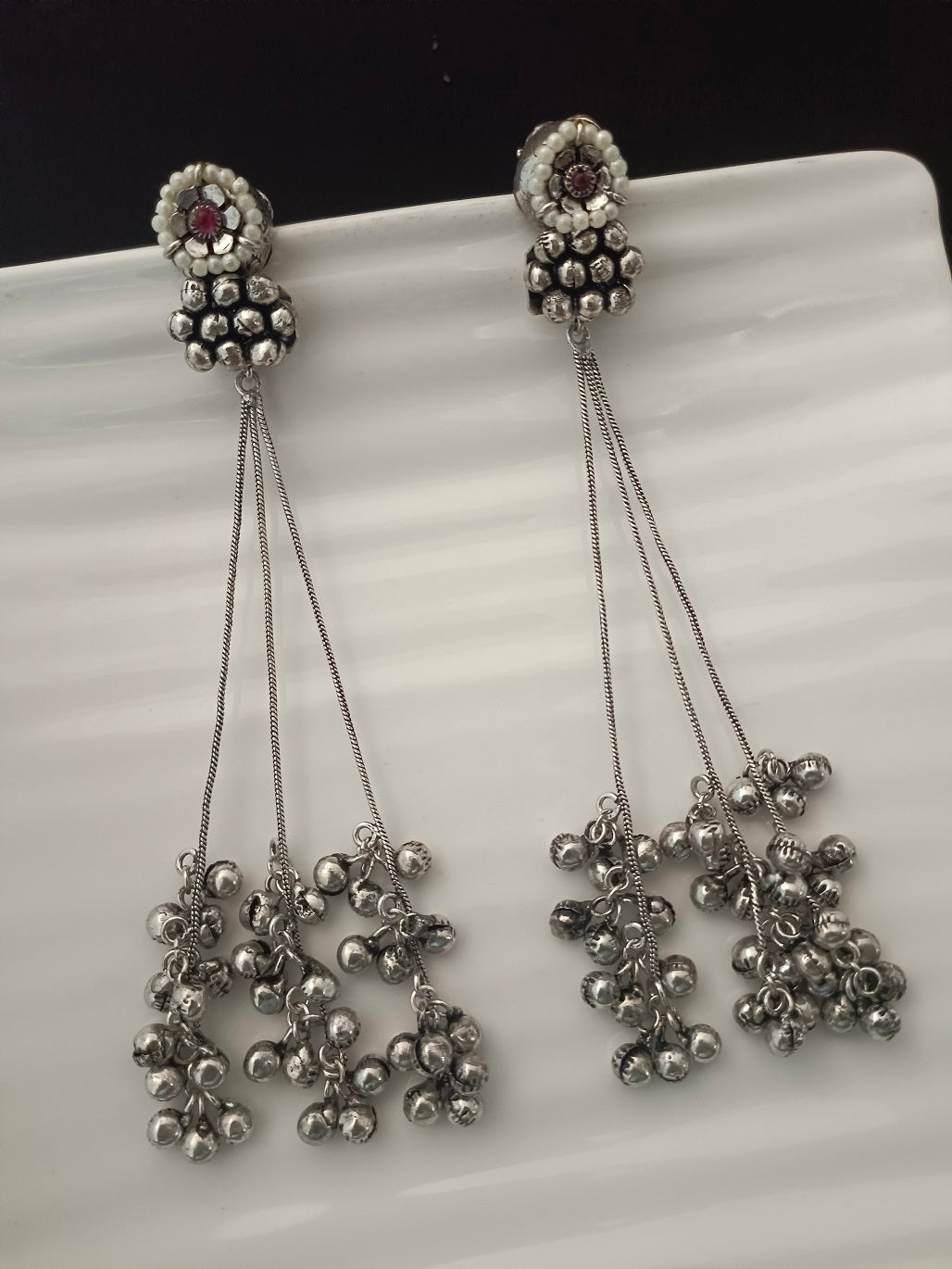 Sanjog Oxidized Silver Pearl Stud Drop Earrings with Long Chain Tassels and Ghungroo Bells