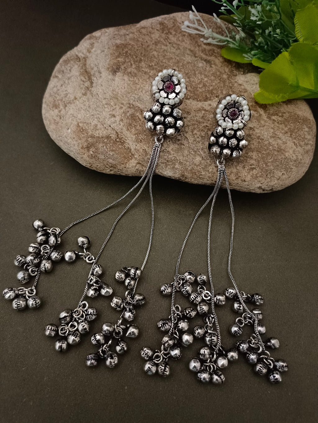 Sanjog Oxidized Silver Pearl Stud Drop Earrings with Long Chain Tassels and Ghungroo Bells