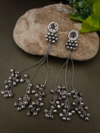 Sanjog Oxidized Silver Pearl Stud Drop Earrings with Long Chain Tassels and Ghungroo Bells