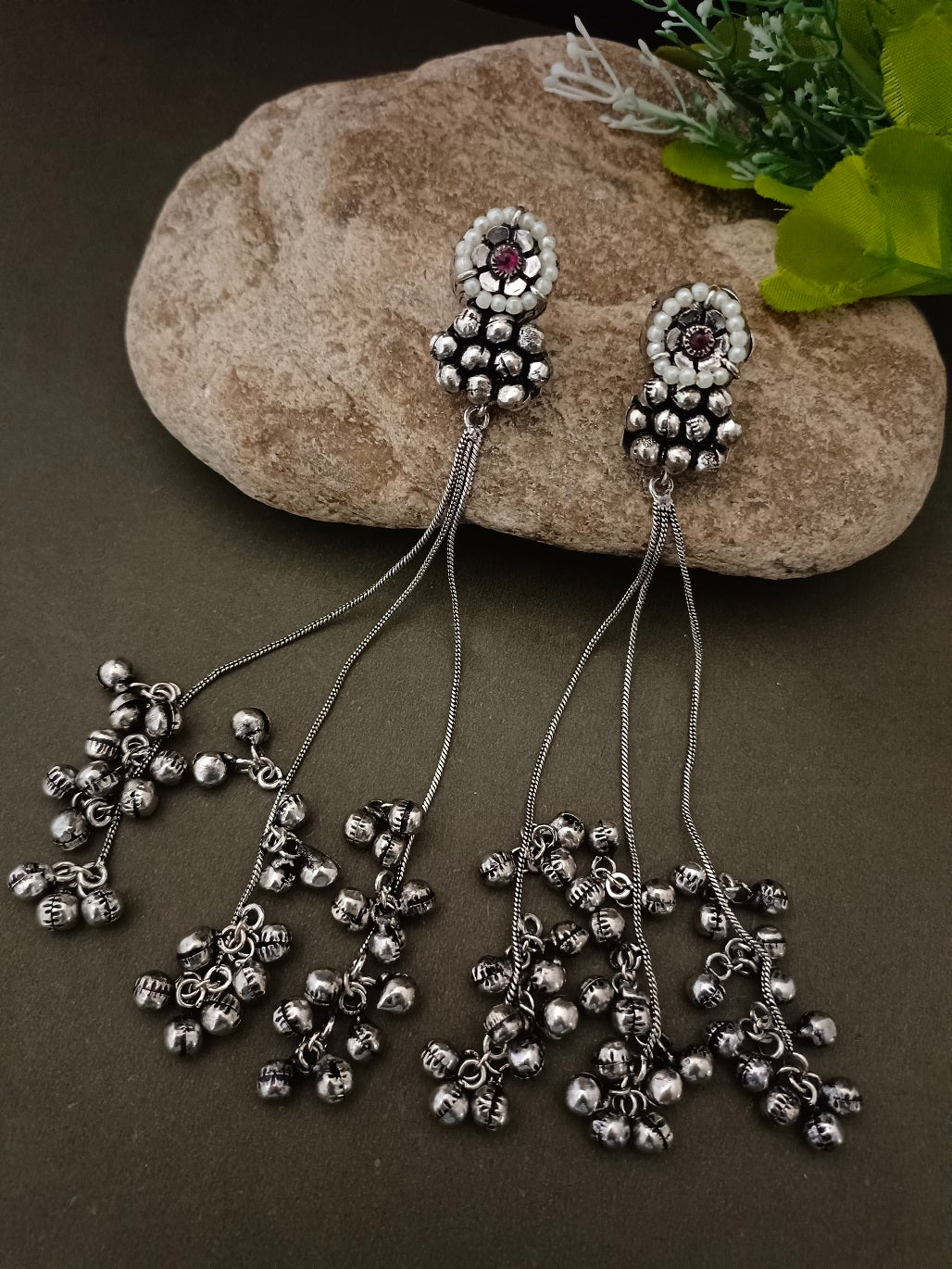 Sanjog Oxidized Silver Pearl Stud Drop Earrings with Long Chain Tassels and Ghungroo Bells