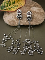 Sanjog Oxidized Silver Pearl Stud Drop Earrings with Long Chain Tassels and Ghungroo Bells
