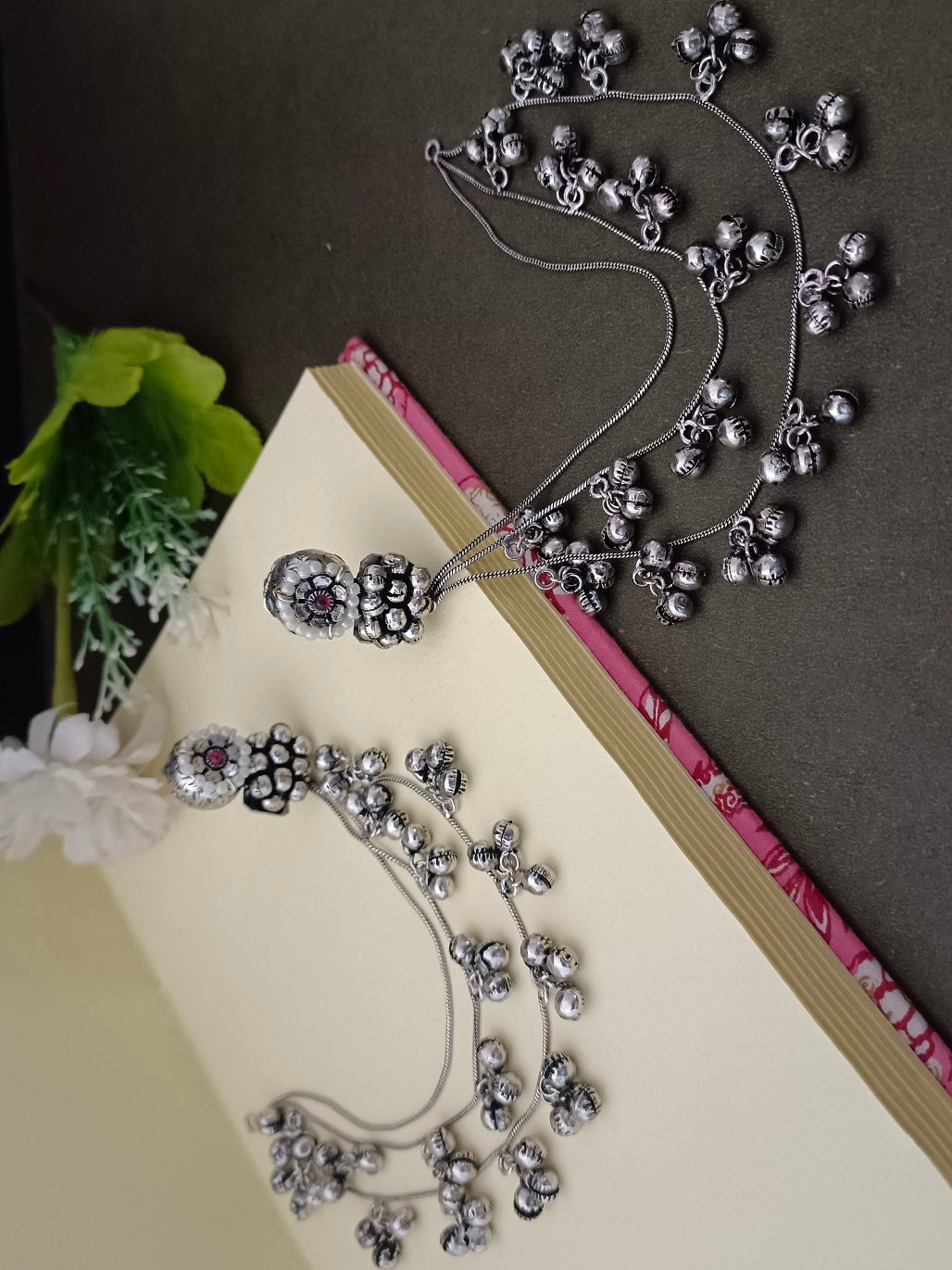 Sanjog Oxidized Silver Ear Chains (Kaan Chain) with Floral Pearl Studs and Tiered Ghungroo Bells