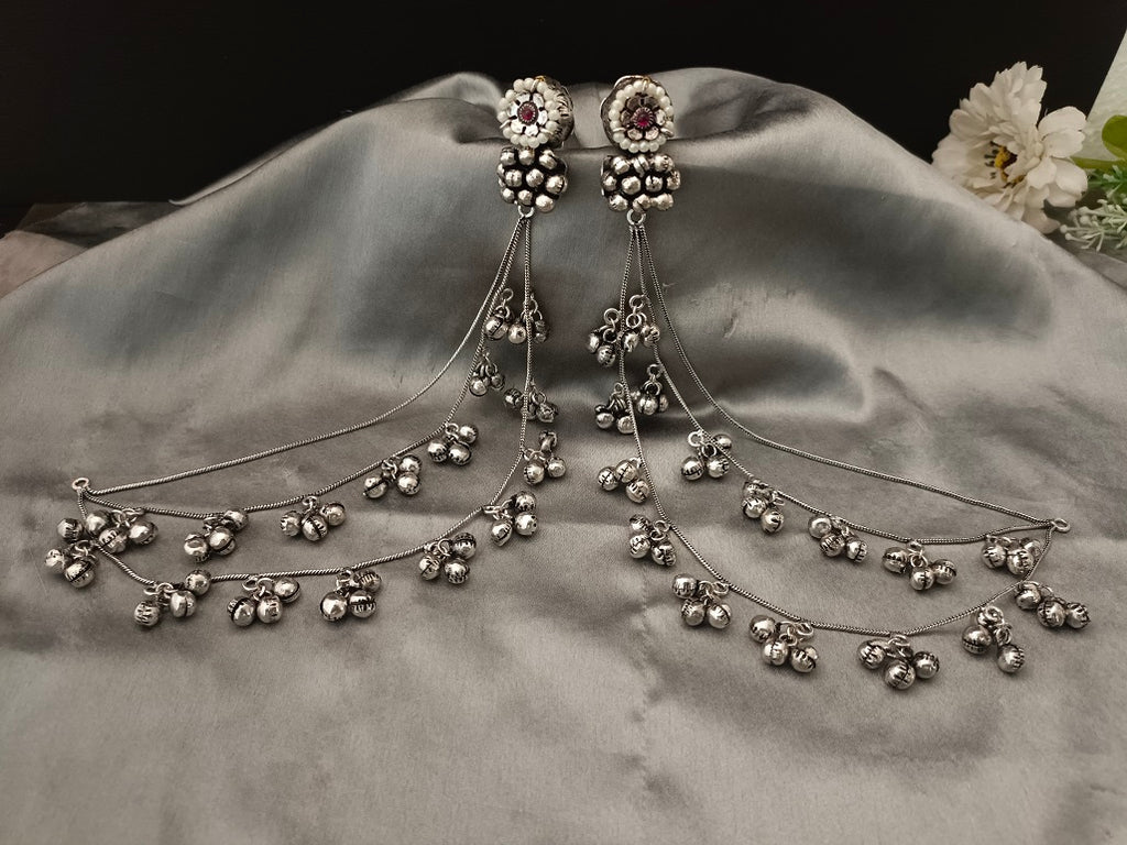 Sanjog Oxidized Silver Ear Chains (Kaan Chain) with Floral Pearl Studs and Tiered Ghungroo Bells