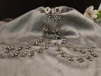 Sanjog Oxidized Silver Ear Chains (Kaan Chain) with Floral Pearl Studs and Tiered Ghungroo Bells