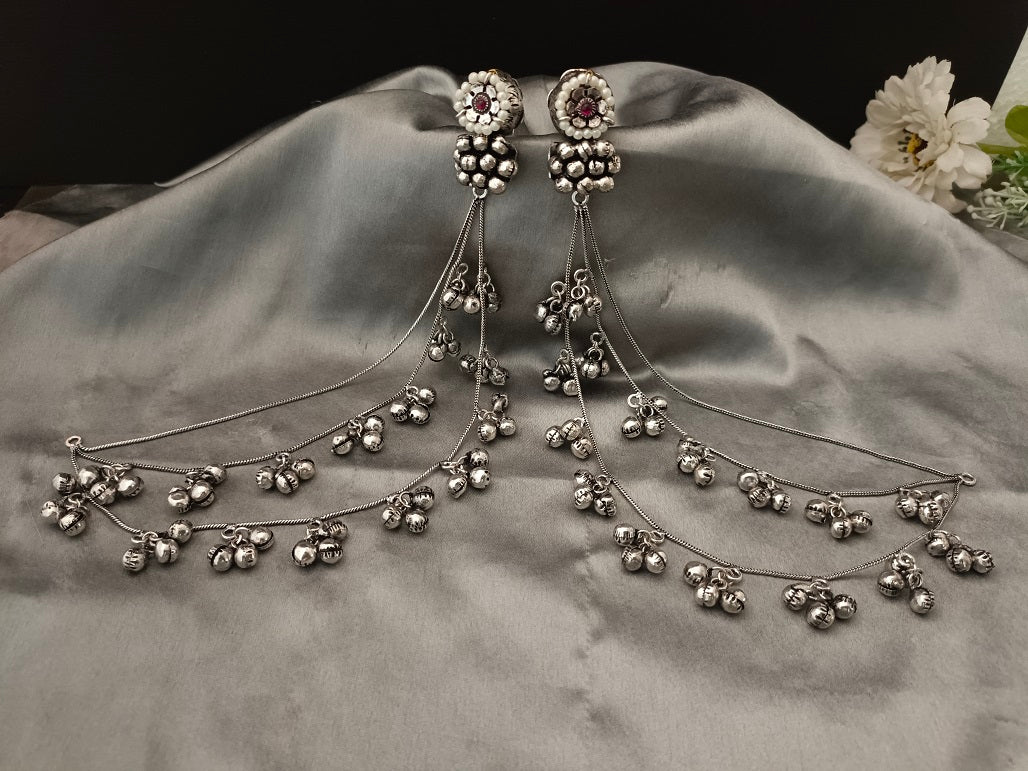 Sanjog Oxidized Silver Ear Chains (Kaan Chain) with Floral Pearl Studs and Tiered Ghungroo Bells