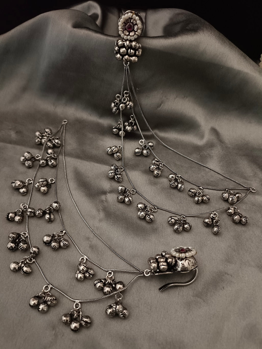 Sanjog Oxidized Silver Ear Chains (Kaan Chain) with Floral Pearl Studs and Tiered Ghungroo Bells