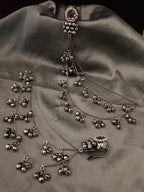 Sanjog Oxidized Silver Ear Chains (Kaan Chain) with Floral Pearl Studs and Tiered Ghungroo Bells