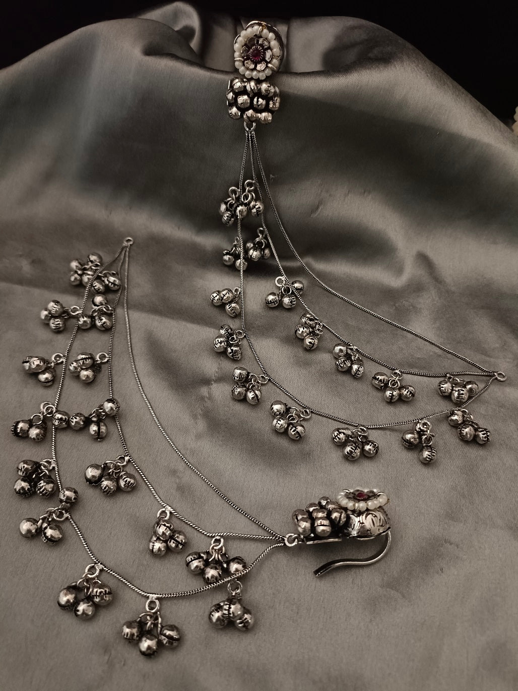 Sanjog Oxidized Silver Ear Chains (Kaan Chain) with Floral Pearl Studs and Tiered Ghungroo Bells