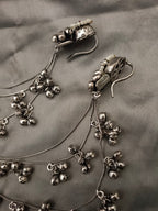 Sanjog Oxidized Silver Ear Chains (Kaan Chain) with Floral Pearl Studs and Tiered Ghungroo Bells