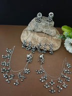 Sanjog Oxidized Silver Pearl Stud Drop Earrings with Long Ghungroo Chain Tassels