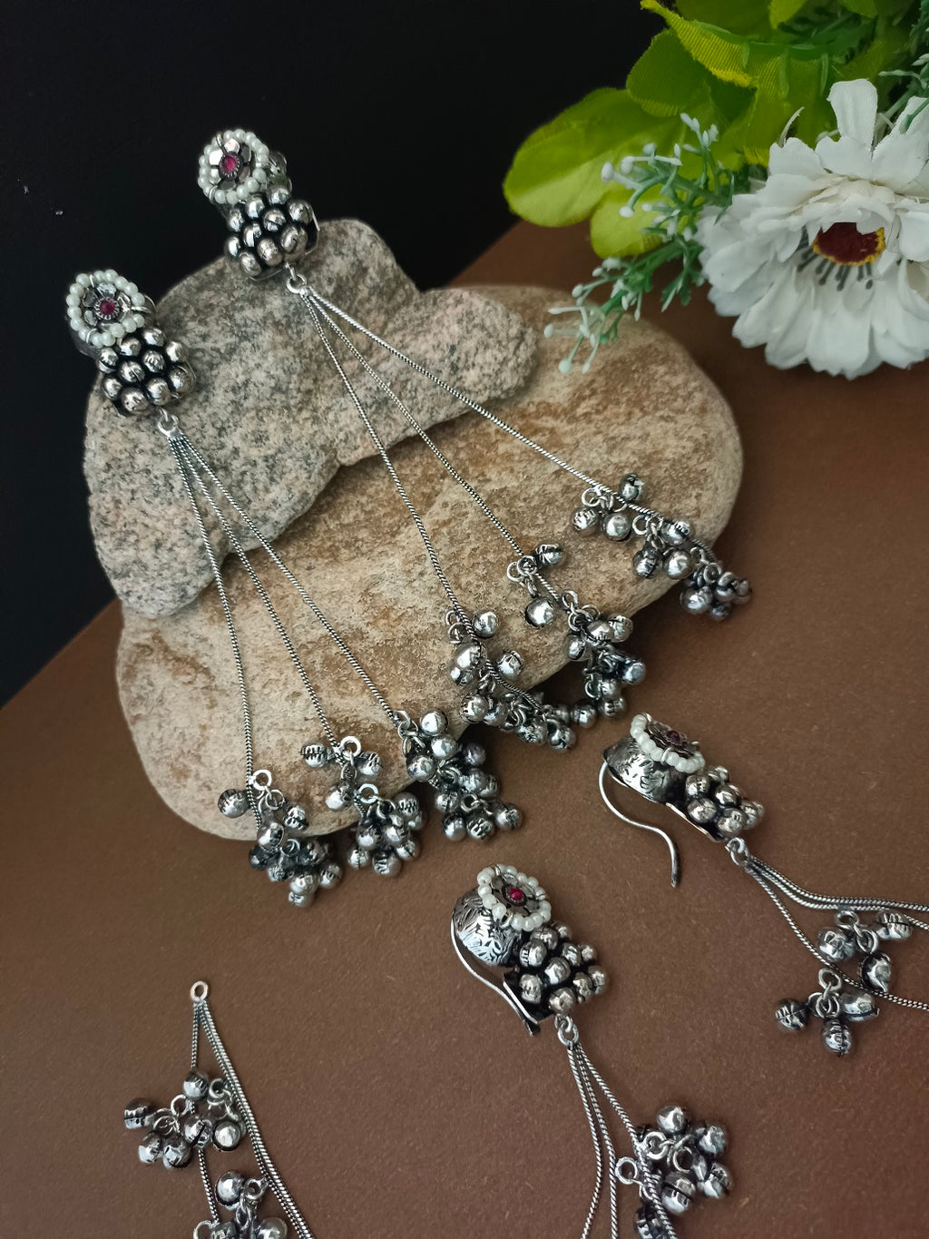 Sanjog Oxidized Silver Pearl Stud Drop Earrings with Long Ghungroo Chain Tassels