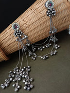 Sanjog Oxidized Silver Pearl Stud Drop Earrings with Long Ghungroo Chain Tassels