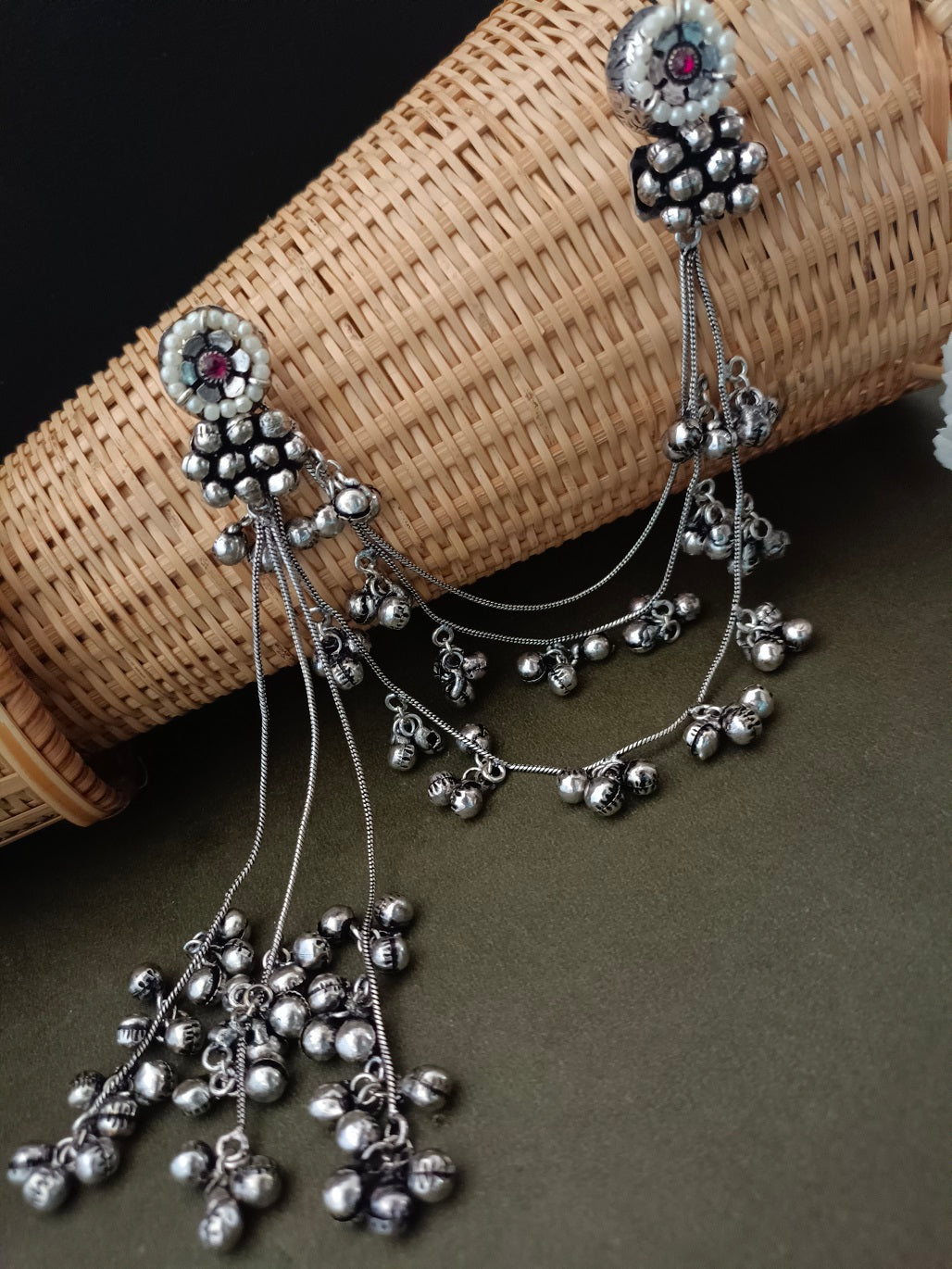 Sanjog Oxidized Silver Pearl Stud Drop Earrings with Long Ghungroo Chain Tassels