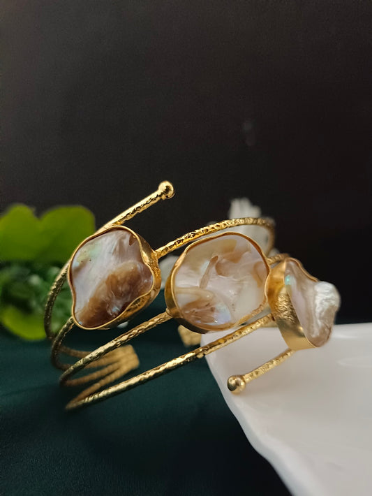 Sanjog Bohemian Gold-Tone Multi-Strand Cuff Bracelet with Natural Baroque Pearl Slices