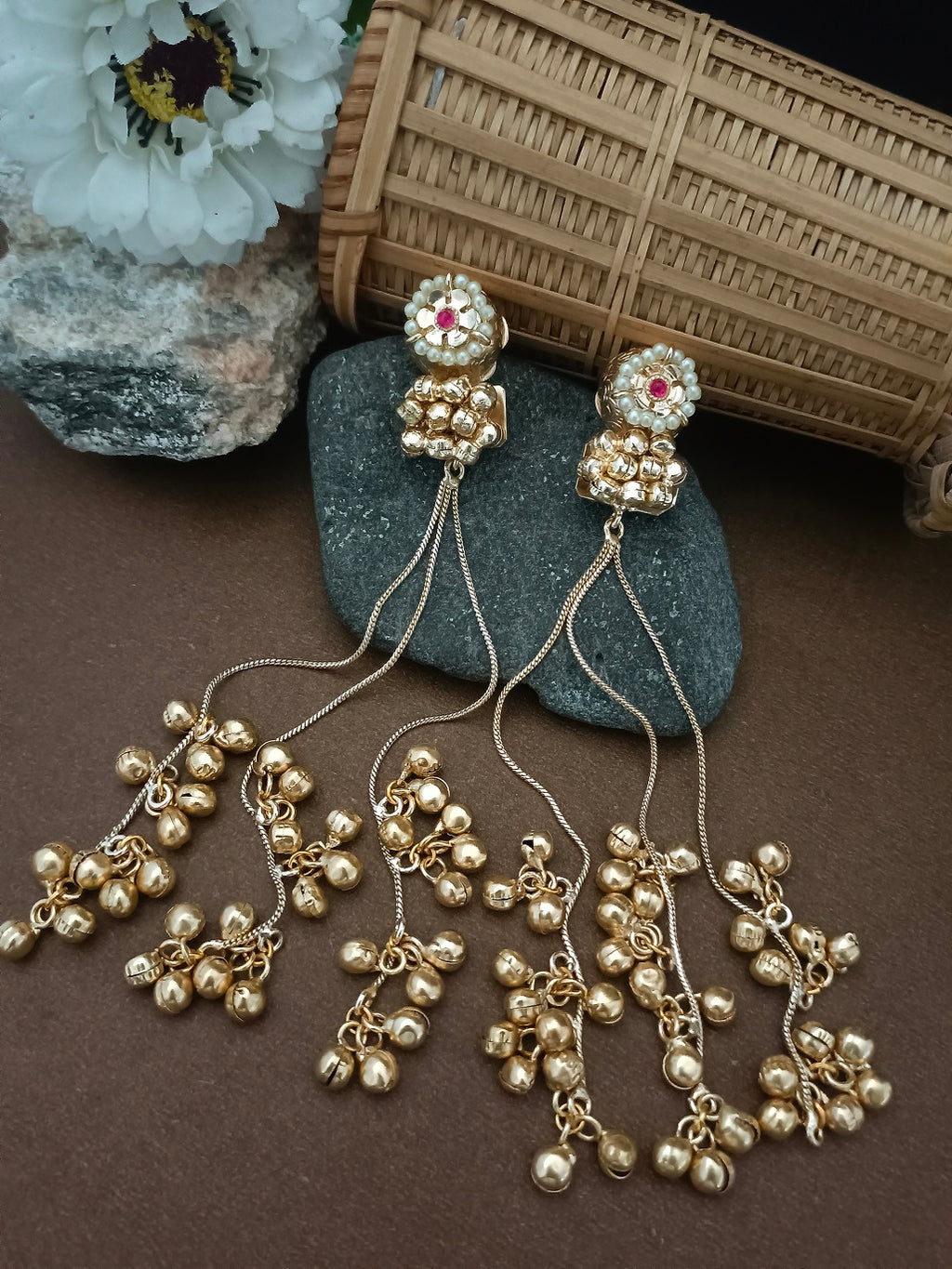 Sanjog Traditional Gold-Tone Jhumka Chain Drop Earrings with Pearls and Ghungroo Bells