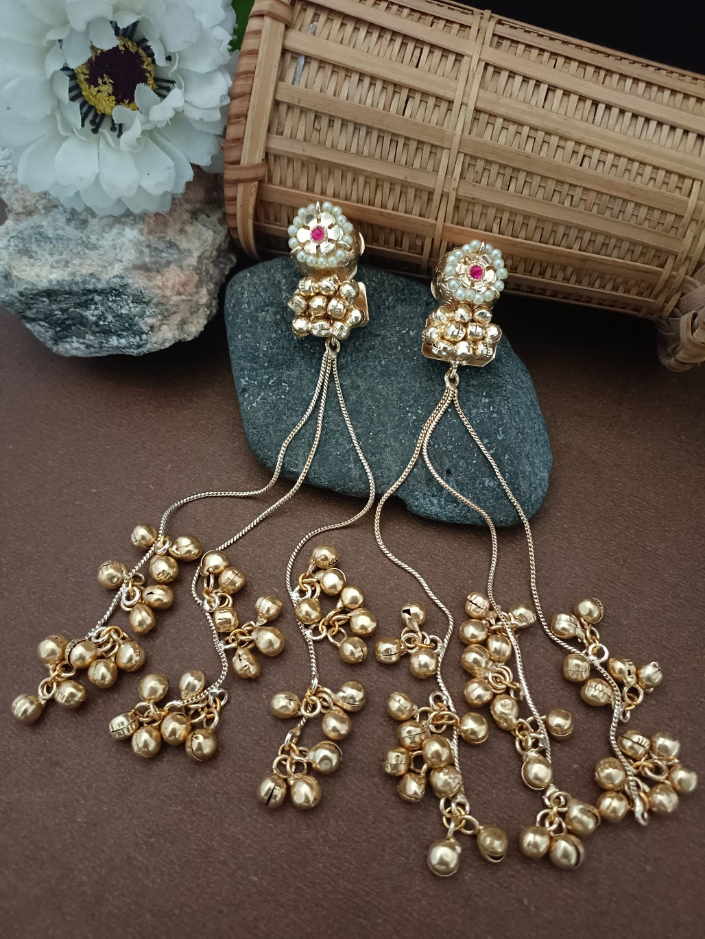 Sanjog Traditional Gold-Tone Jhumka Chain Drop Earrings with Pearls and Ghungroo Bells