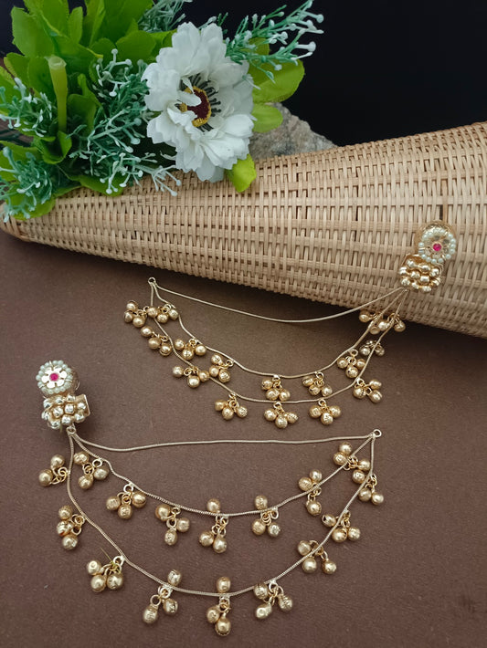 Sanjog Traditional Gold-Tone Ear Chains (Kaan Chain) with Pearl Studs and Ghungroo Dangles