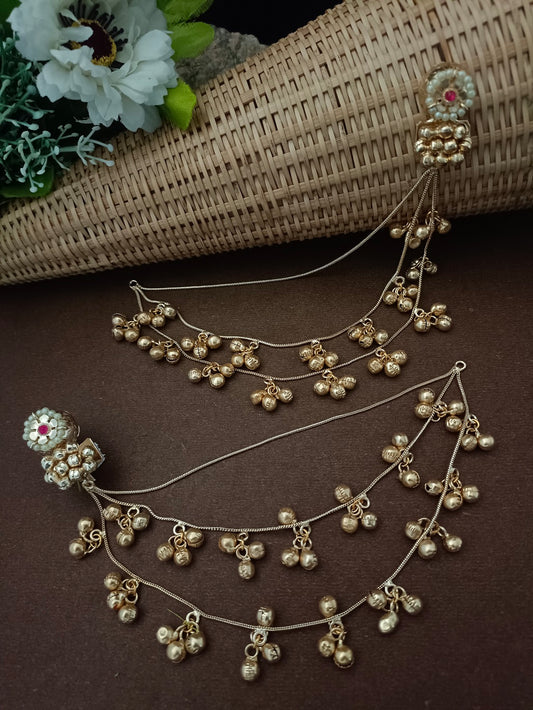 Sanjog Traditional Gold-Tone Ear Chains (Kaan Chain) with Pearl Studs and Ghungroo Dangles