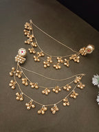 Sanjog Kashmiri Gold-Tone Pearl Stud Drop Earrings with Long Ghungroo Chain Tassels Earchain