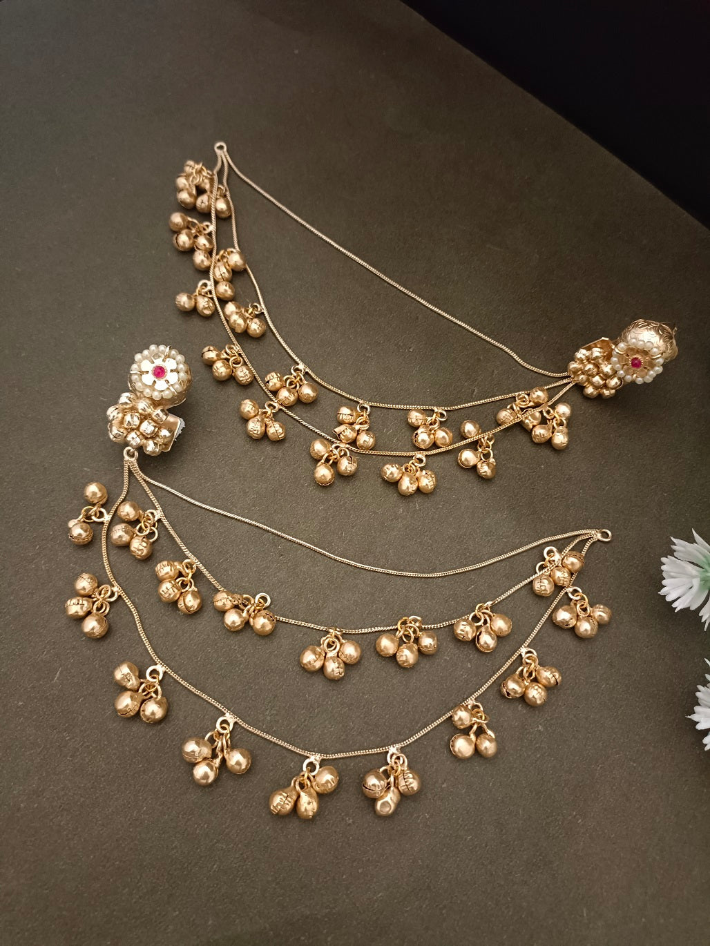 Sanjog Kashmiri Gold-Tone Pearl Stud Drop Earrings with Long Ghungroo Chain Tassels Earchain