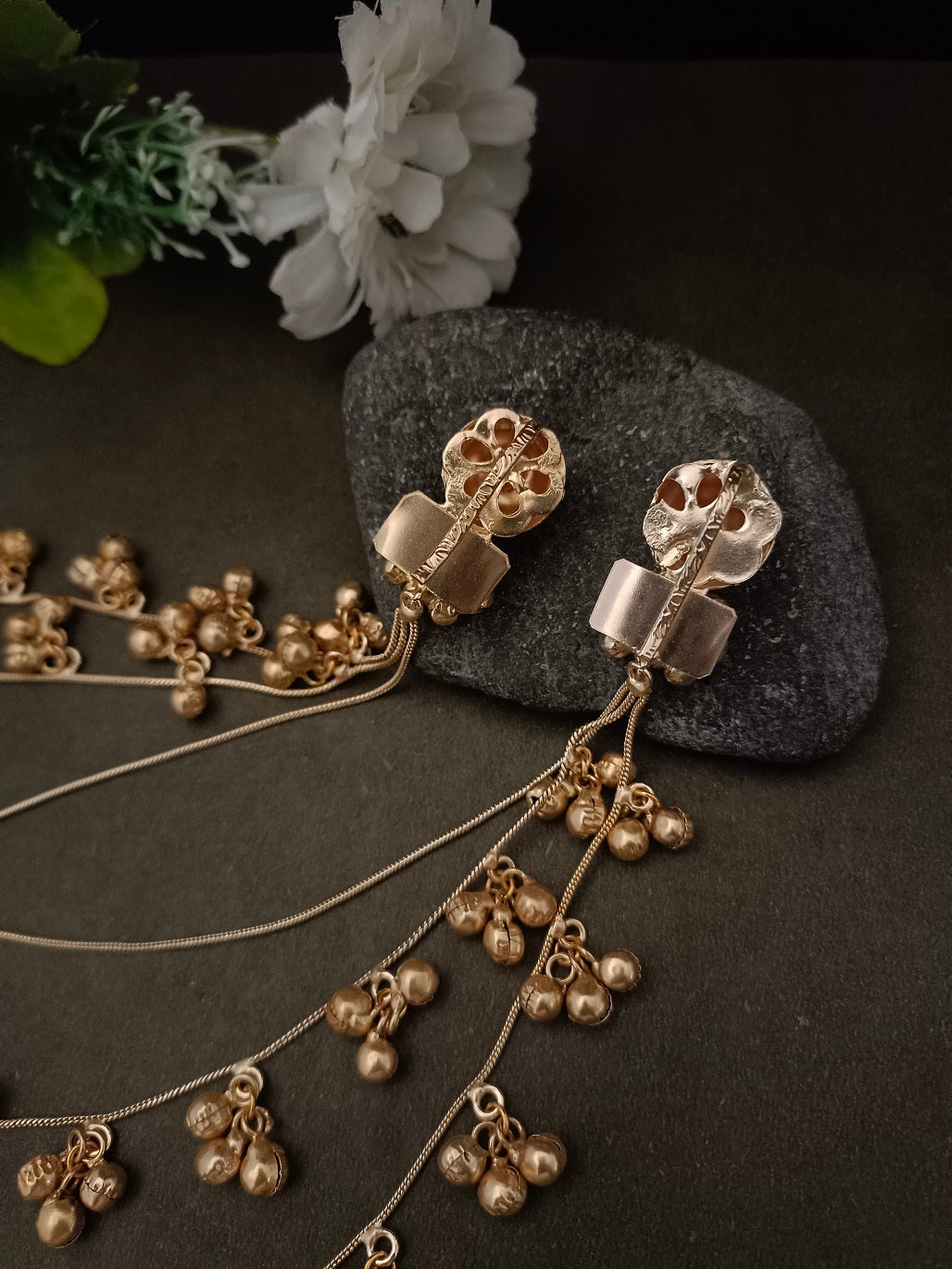 Sanjog Traditional Gold-Tone Ear Chains (Kaan Chain) with Pearl Studs and Ghungroo Dangles