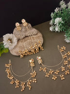 Sanjog Kashmiri Gold-Tone Pearl Stud Drop Earrings with Long Ghungroo Chain Tassels Earchain