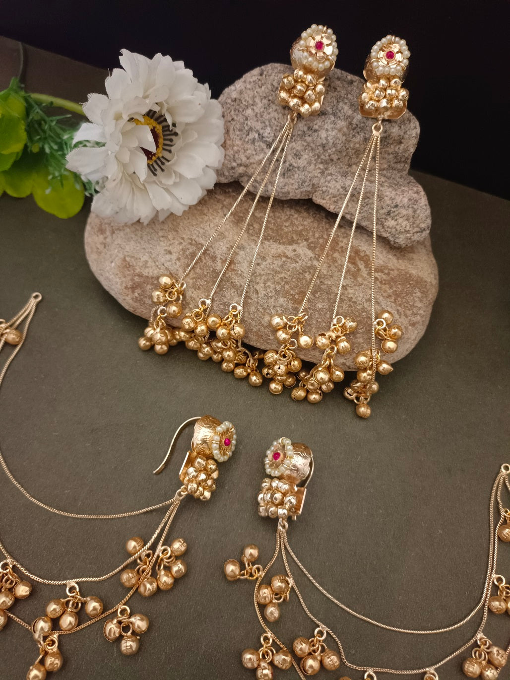 Sanjog Kashmiri Gold-Tone Pearl Stud Drop Earrings with Long Ghungroo Chain Tassels Earchain