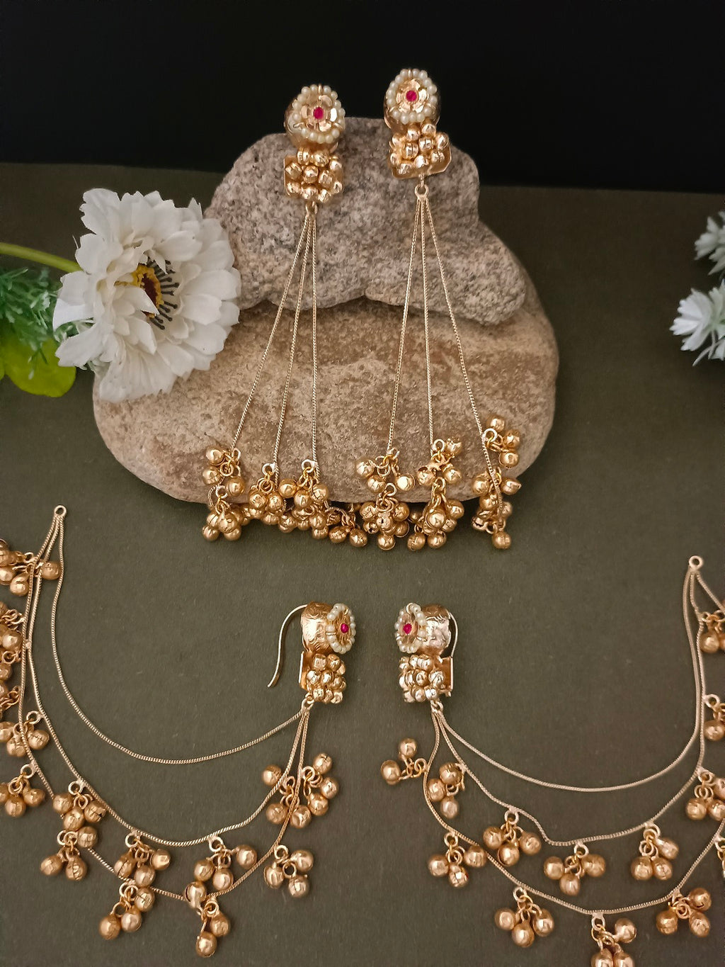 Sanjog Kashmiri Gold-Tone Pearl Stud Drop Earrings with Long Ghungroo Chain Tassels Earchain
