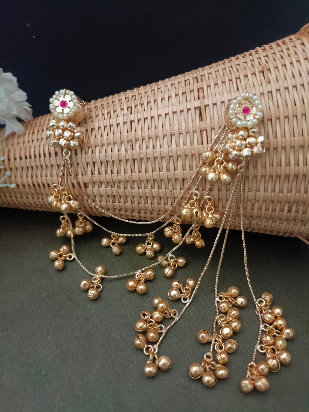 Sanjog Kashmiri Gold-Tone Pearl Stud Drop Earrings with Long Ghungroo Chain Tassels Earchain