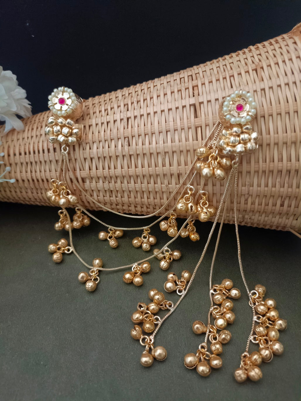 Sanjog Kashmiri Gold-Tone Pearl Stud Drop Earrings with Long Ghungroo Chain Tassels Earchain