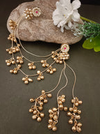 Sanjog Kashmiri Gold-Tone Pearl Stud Drop Earrings with Long Ghungroo Chain Tassels Earchain