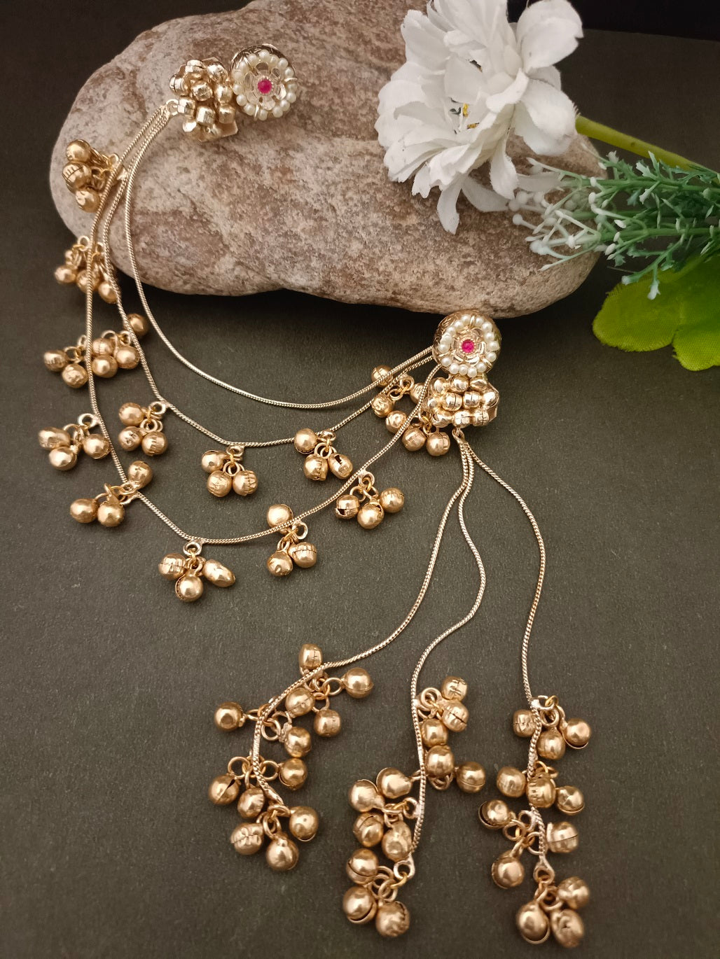 Sanjog Kashmiri Gold-Tone Pearl Stud Drop Earrings with Long Ghungroo Chain Tassels Earchain