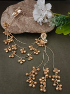 Sanjog Kashmiri Gold-Tone Pearl Stud Drop Earrings with Long Ghungroo Chain Tassels Earchain