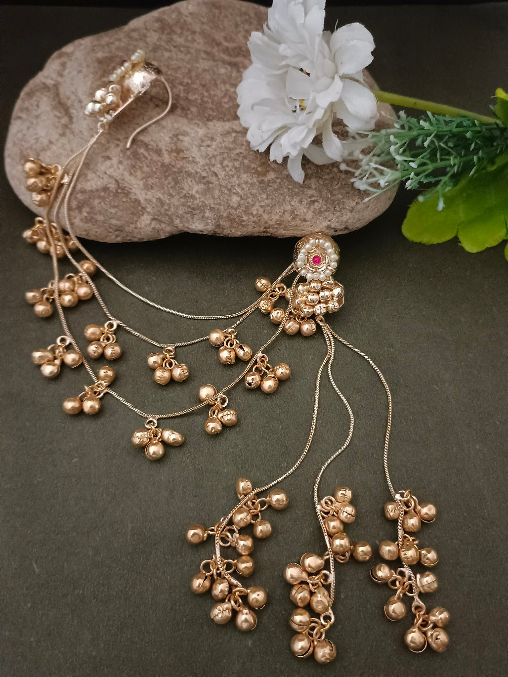 Sanjog Kashmiri Gold-Tone Pearl Stud Drop Earrings with Long Ghungroo Chain Tassels Earchain