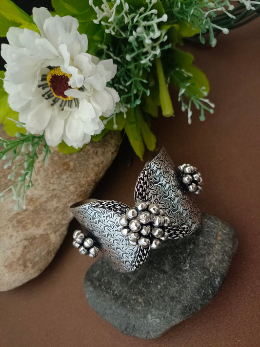 Sanjog Wide Oxidized Silver-Tone Cuff Bracelet with Textured Filigree and Ghungroo Bead Clusters