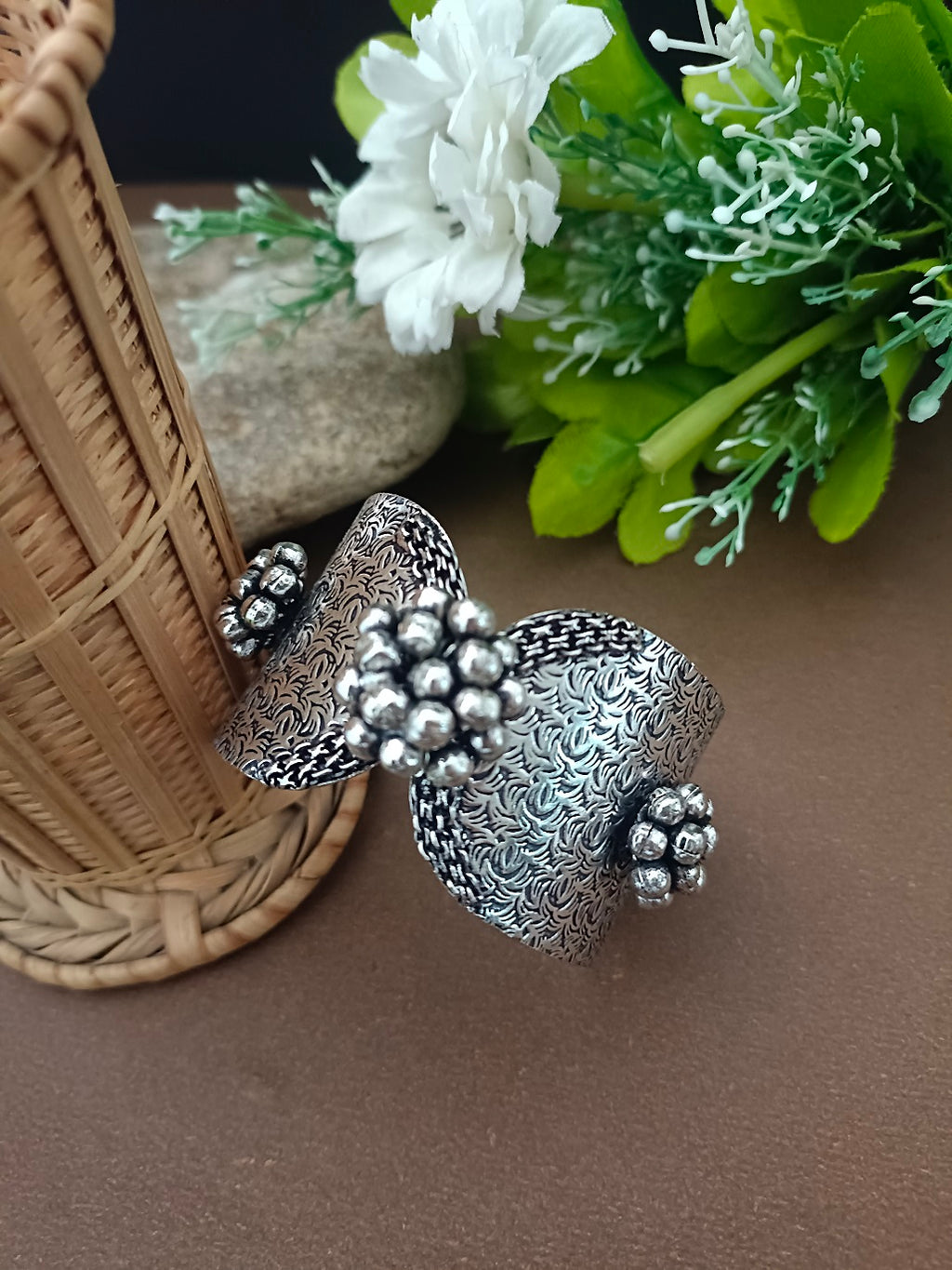 Sanjog Wide Oxidized Silver-Tone Cuff Bracelet with Textured Filigree and Ghungroo Bead Clusters