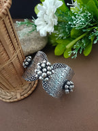 Sanjog Wide Oxidized Silver-Tone Cuff Bracelet with Textured Filigree and Ghungroo Bead Clusters