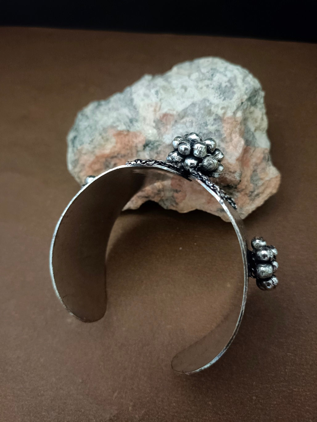 Sanjog Wide Oxidized Silver-Tone Cuff Bracelet with Textured Filigree and Ghungroo Bead Clusters