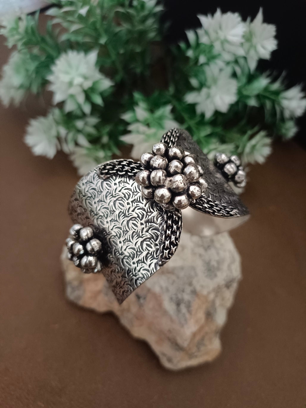 Sanjog Wide Oxidized Silver-Tone Cuff Bracelet with Textured Filigree and Ghungroo Bead Clusters