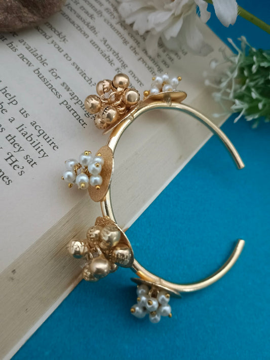 Sanjog Modern Gold-Tone Open Cuff Bracelet with Pearl and Ghungroo Cluster Accents