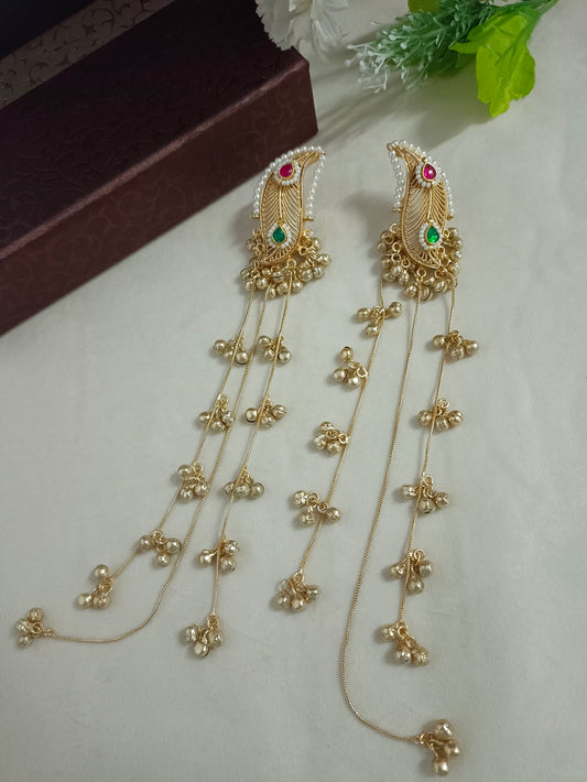 Brass-Plated Pachi Kundan Studded & Artificial Beaded Leaf Shaped Kashmiri Drop Earrings