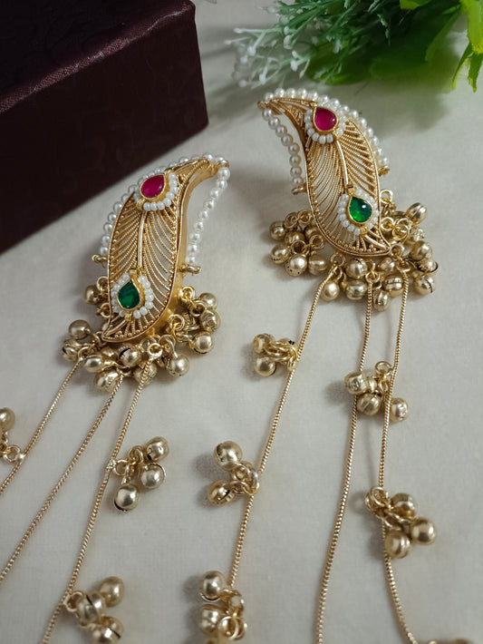 Brass-Plated Pachi Kundan Studded & Artificial Beaded Leaf Shaped Kashmiri Drop Earrings
