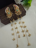 Brass-Plated Pachi Kundan Studded & Artificial Beaded Leaf Shaped Kashmiri Drop Earrings
