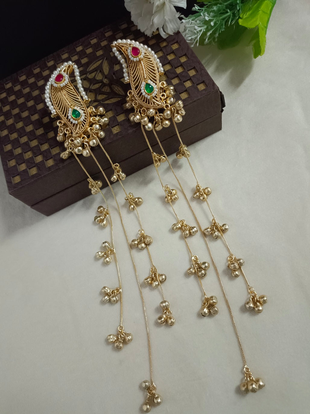 Brass-Plated Pachi Kundan Studded & Artificial Beaded Leaf Shaped Kashmiri Drop Earrings