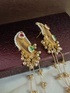 Brass-Plated Pachi Kundan Studded & Artificial Beaded Leaf Shaped Kashmiri Drop Earrings