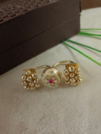 Gold-Toned Adjustable Brass Multi Finger Ring | White & Pink Kundan-Studded & Beaded