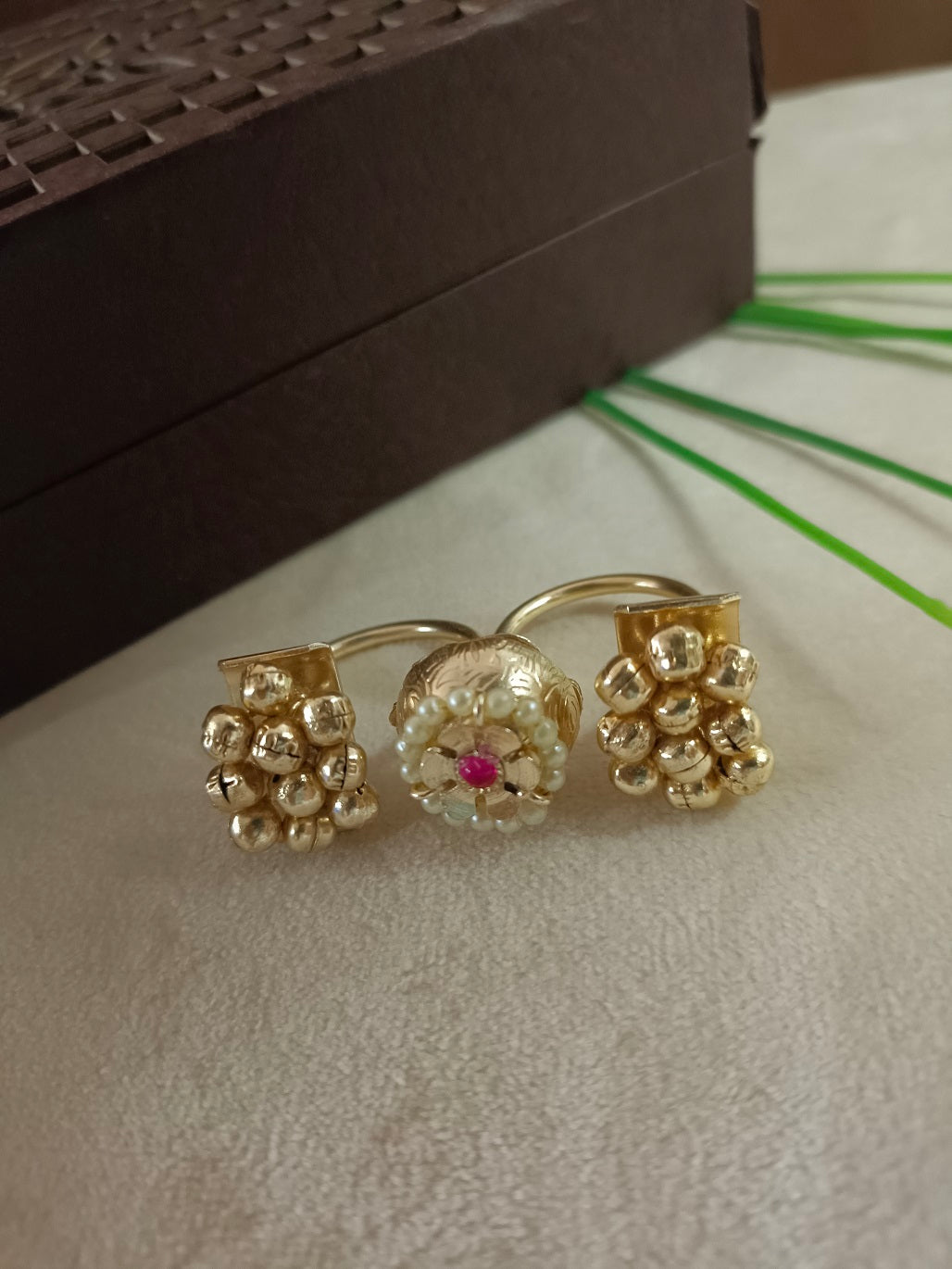 Gold-Toned Adjustable Brass Multi Finger Ring | White & Pink Kundan-Studded & Beaded