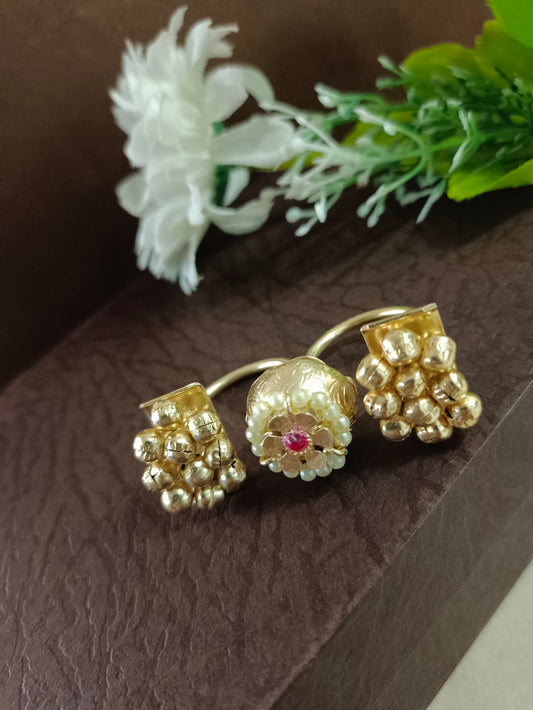 Gold-Toned Adjustable Brass Multi Finger Ring | White & Pink Kundan-Studded & Beaded