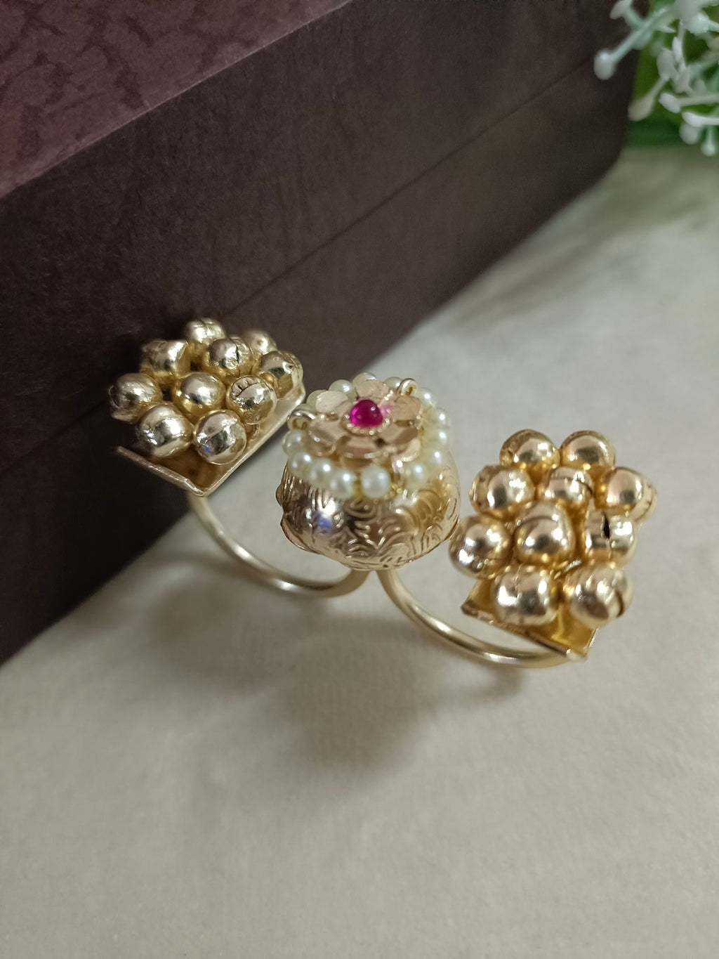 Gold-Toned Adjustable Brass Multi Finger Ring | White & Pink Kundan-Studded & Beaded