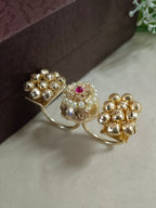 Gold-Toned Adjustable Brass Multi Finger Ring | White & Pink Kundan-Studded & Beaded